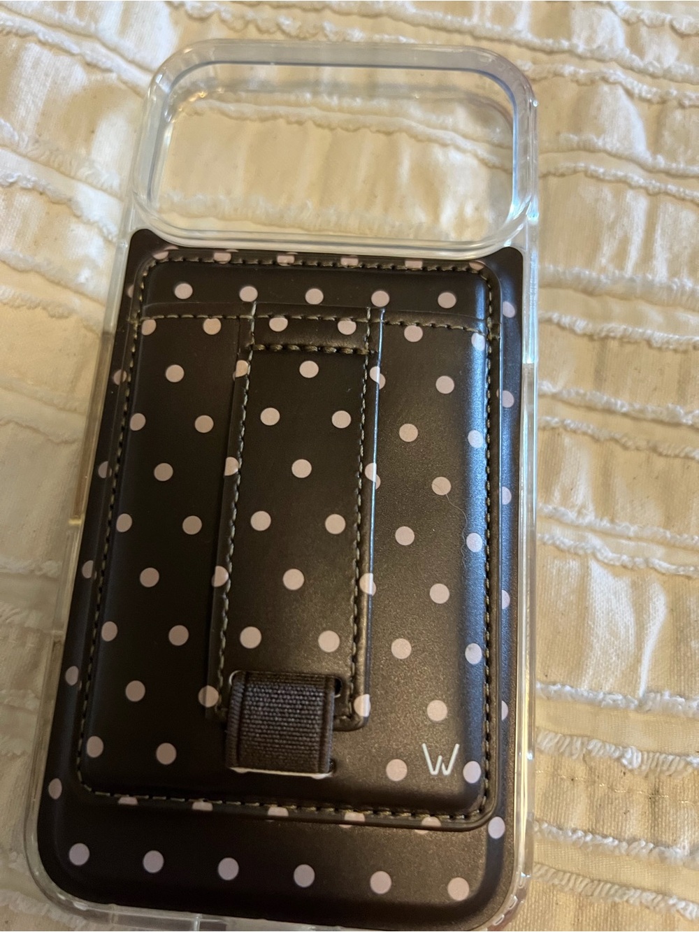 Brown and White Polka Dot Phone Card Holder with Pull Tab